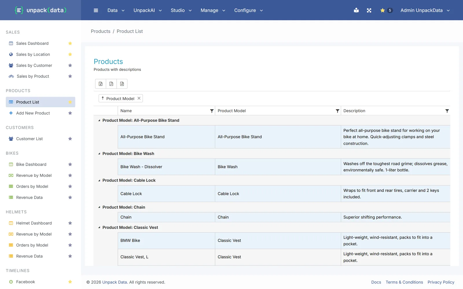 A product list report grouped by product model, with buttons to export it to Excel, PDF or CSV