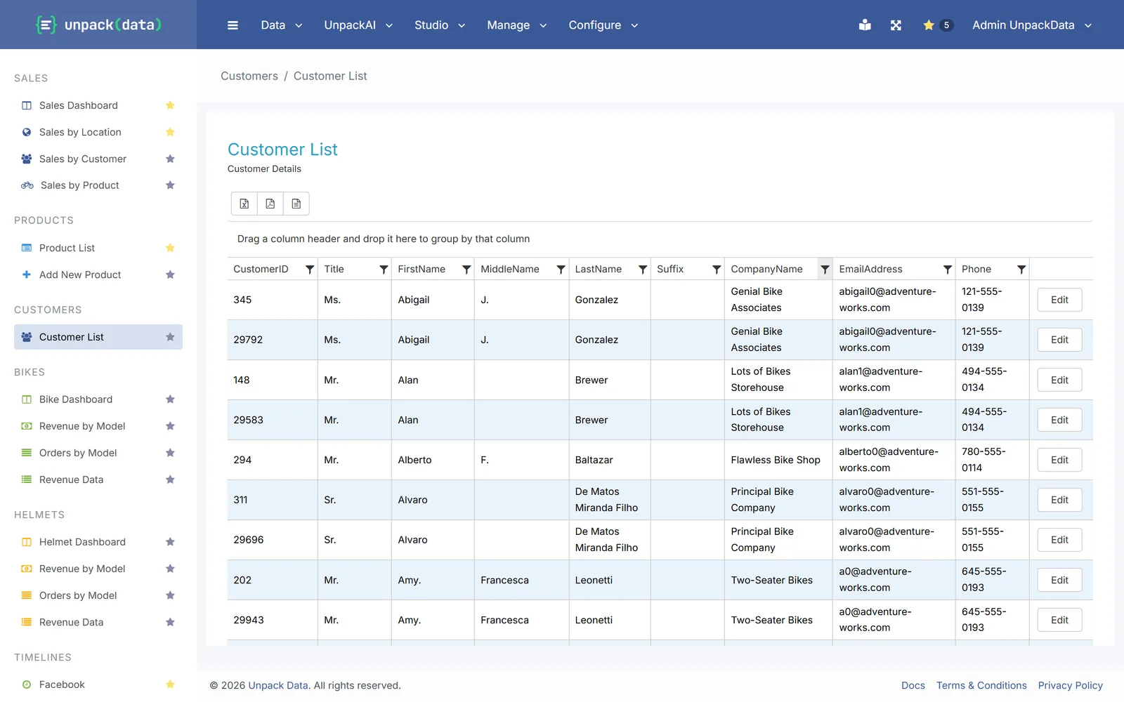 A customer list report filtered to bike shops, with buttons to export it to Excel, PDF or CSV