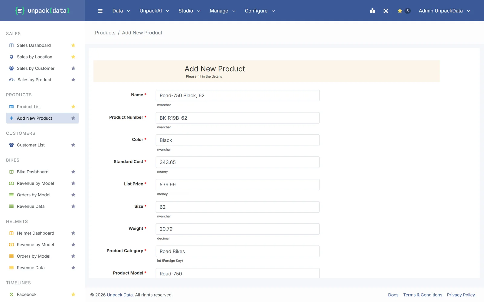 An Add New Product form filled in, each field tied to a column of the Product table